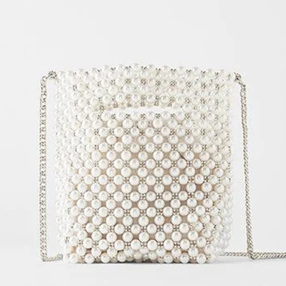 Zara Pearl Mini Bucket Bag Silver Chain Crossbody Purse